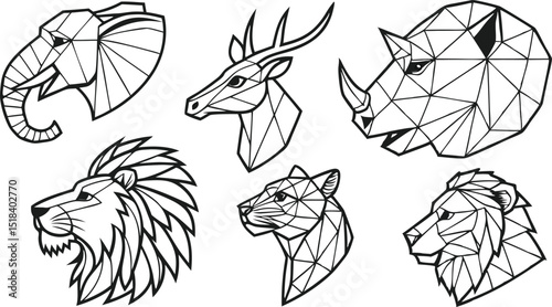 Set of Geometric abstract animals. Trendy mono line vector design. Black animals on white background.  