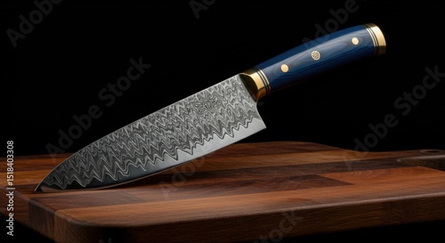 Premium chef knife placed on wooden cutting board in dramatic lighting on a black studio background 