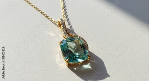 Elegant emerald pendant necklace displayed in soft lighting on a white textured surface background 