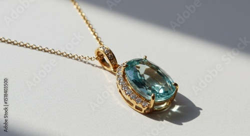 Elegant emerald pendant necklace displayed in soft lighting on a white textured surface background 