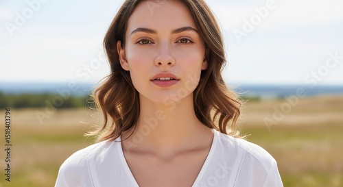 Portrait of a Young Woman in a Field Natural Beauty and Serene Expression