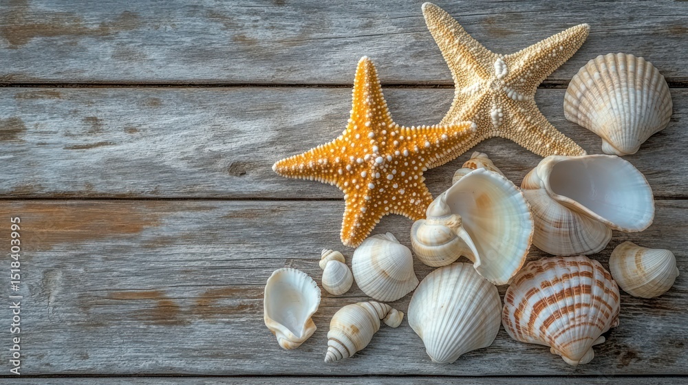 Seashells and starfish on weathered wood (1) Seashells and starfish on weathered wood (1)