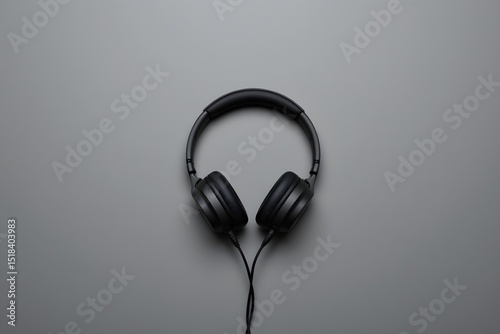 Headphone on Grey Backdrop: This minimalist composition showcases a pair of sleek, black headphones centered against a smooth, muted gray backdrop.