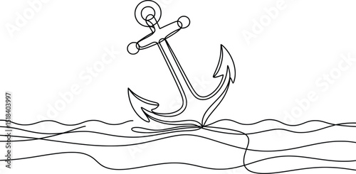 Stylized Anchor in Water Line Art Nautical Vector Illustration