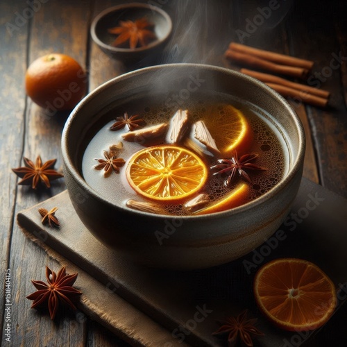 High-resolution styled shot of rich duck broth with citrus and spice, ideal for cookbook, culinary editorial, or food stock photography with elegant, rustic appeal.