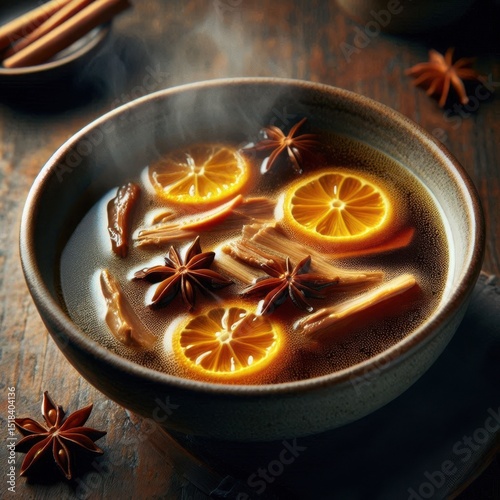 High-resolution styled shot of rich duck broth with citrus and spice, ideal for cookbook, culinary editorial, or food stock photography with elegant, rustic appeal.