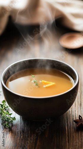 Aromatic duck bone broth in a handcrafted bowl, garnished with herbs and spices, evoking a rustic, farmhouse feel through natural textures and moody lighting.