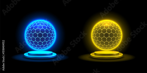 Sphere shield with hexagon, cyber protect ball, set color. Vector illustration
