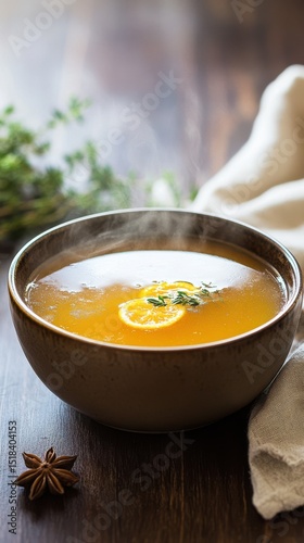 Aromatic duck bone broth in a handcrafted bowl, garnished with herbs and spices, evoking a rustic, farmhouse feel through natural textures and moody lighting.