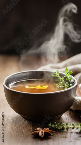 Aromatic duck bone broth in a handcrafted bowl, garnished with herbs and spices, evoking a rustic, farmhouse feel through natural textures and moody lighting.