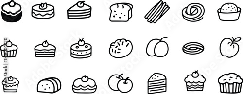 A collection of simple, black line art icons representing different types of desserts and fruits.