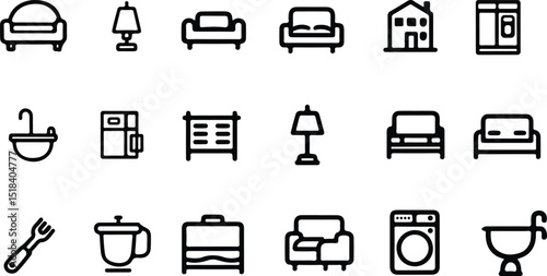 Simple Black Line Icons of Home Furnishings and Appliances