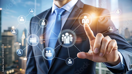 Businessman interacting with a digital network of employee profiles and connections