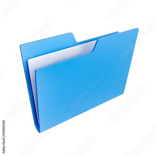 Blue file folder icon with sheet of paper inside isolated on transparent background. 3D render.