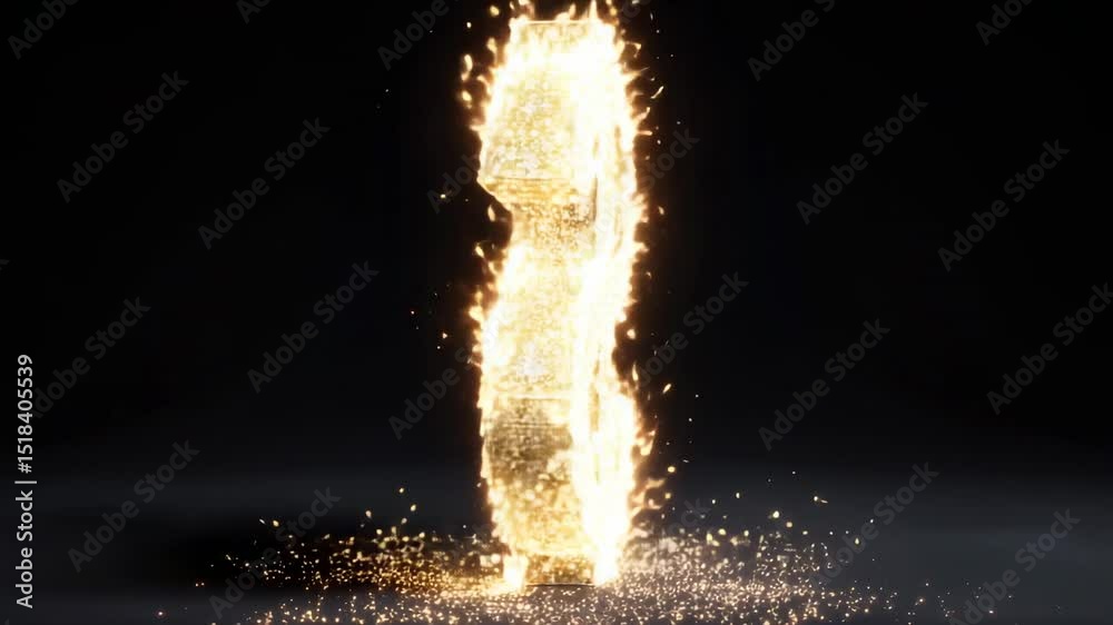 Sparkling golden dollar sign with glowing glitter and fire effect on dark background symbolizing wealth
