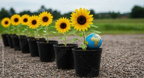 Bright yellow sunflowers in black pots placed outdoors on soil in a sunny countryside garden setting
 