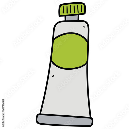 Hand drawn cartoon tube of green paint on white background.