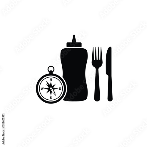 Compass, condiment bottle, fork, knife: adventure food icon