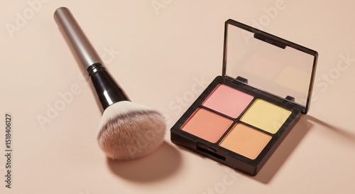 A stylish makeup compact with brush placed on a soft beige background in elegant lighting 