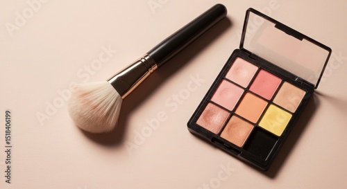 A stylish makeup compact with brush placed on a soft beige background in elegant lighting 