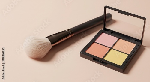 A stylish makeup compact with brush placed on a soft beige background in elegant lighting 