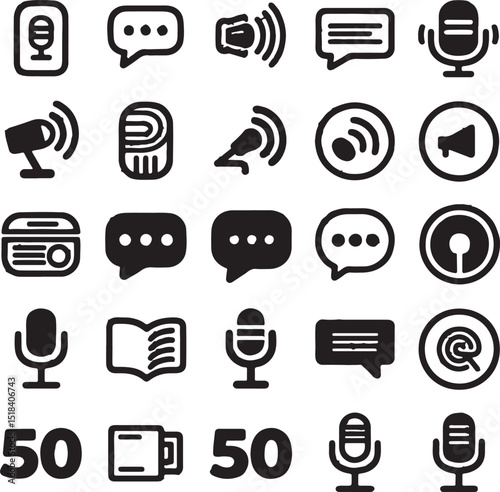 Icons of Communication and Media: A collection of minimalist vector illustrations representing various elements of communication, including audio, speech, and media symbols. Communication icons set ve