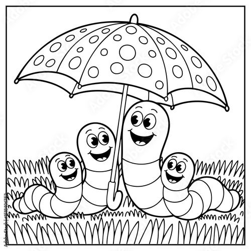 Coloring Page Outline Of Cute Worms Under Umbrella