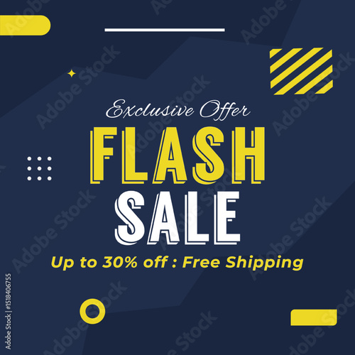 Flash Sale banner in blue background. Exclusive offer. up to 30% off. Free Shipping. Flash Sales banner template design for social media and website. 30% off.