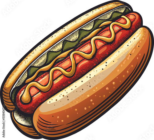 Delicious Hot Dog with Mustard and Pickles Illustration on White Background