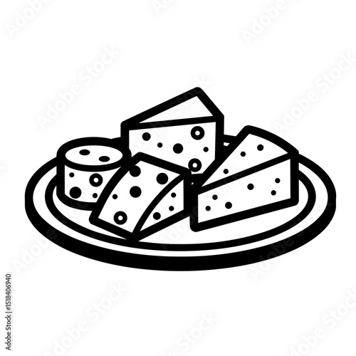 Minimalist icon of sliced cheese blocks on a plate in bold black outline. Concept of dairy product and food portion - appetizer - snack item. Useful for apps  branding and infographics