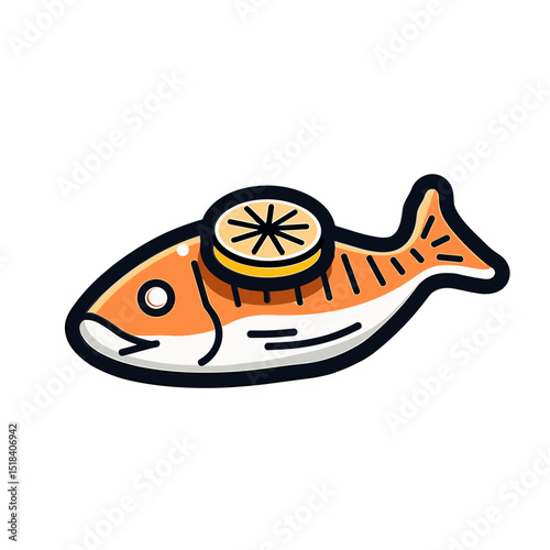 Minimalist vector icon of a fish with lemon slice in flat graphic style. Concept of seafood and healthy eating - lean protein - simple diet. Ideal for app icons menus  health-focused branding