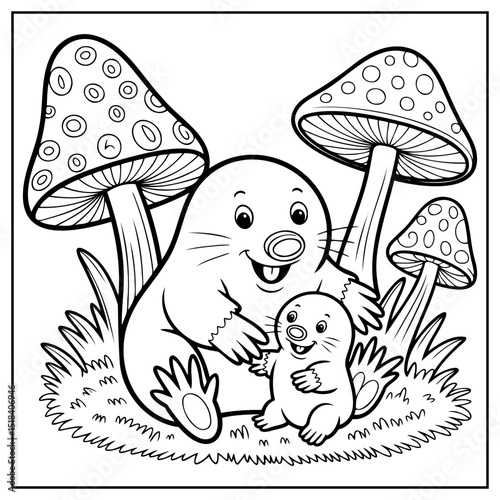 Mushroom family coloring page. Black and white vector illustration.