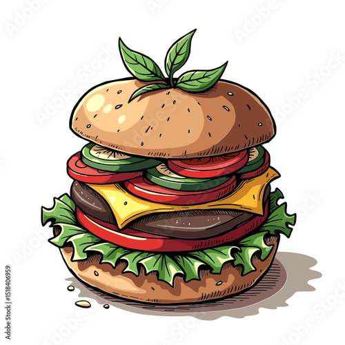 Colorful cartoon burger vector with lettuce  tomato  cheese and patty. Concept of fast food and junk meal - processed meat - guilty pleasure. Perfect for menus  food delivery and digital branding