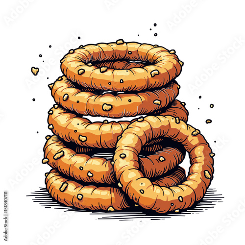 Vector illustration of crispy onion rings stacked together with seasoning details. Concept of junk food and fast snack - greasy meal - unhealthy eating - comfort food. Ideal for menus