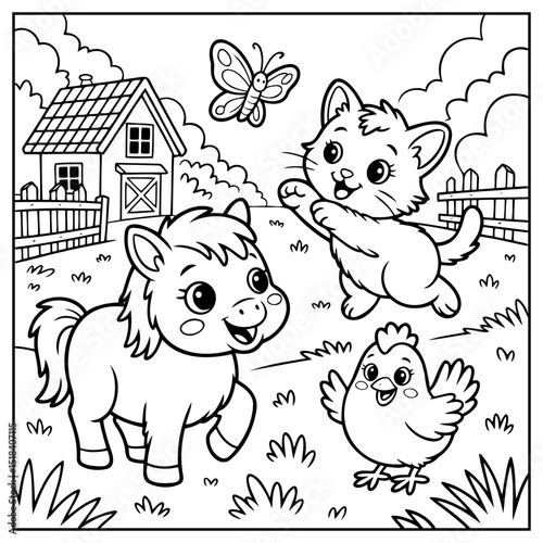Coloring Page Outline Of cartoon animals farm playing