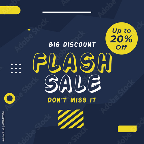 Flash Sale in Blue Background Banner With Up to 20% off . Big Discount. Vector illustration. Don't Miss It.