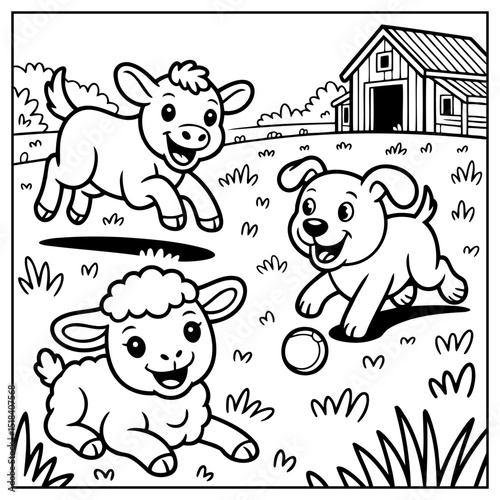 Coloring Page Outline Of cartoon farm animals on the field.