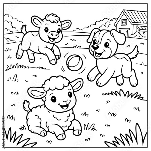 Coloring Page Outline Of cartoon farm animals on the field.