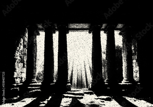 Ancient ruins in sci-fi scene with dotwork retro style. Mysterious gate debris with dramatic lights and retro texture