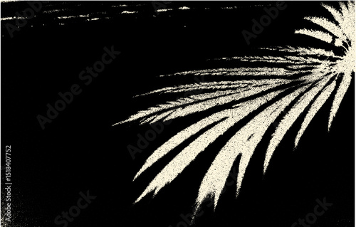 Plam leaves on the tropical beach sand background in retro dotwork style. Vacation and relaxation concept with palm leaves, on the hot summer beach