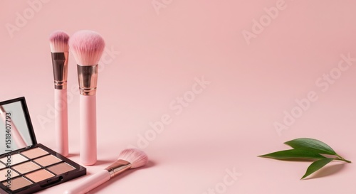 Soft pink makeup brushes arranged on pastel background with a summer minimal tropical vibe 