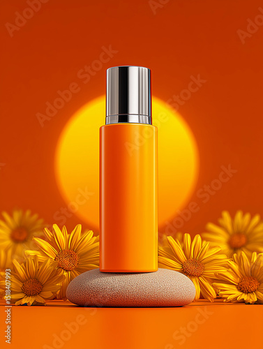 Skincare bottle showcased against a vibrant orangeade backdrop with bright yellow flowers, creating a fresh and energizing summer aesthetic