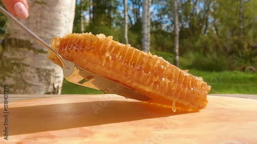 A metal spatula places a piece of honeycomb with honey on the table. Sunny day. High quality 4k footage
