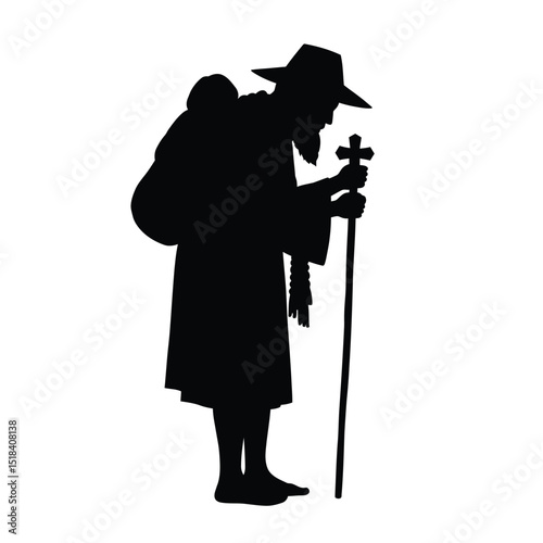 Weathered pilgrim walking with cross and pack