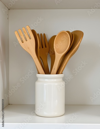 Culinary Utensils: A collection of pristine wooden kitchen utensils rests elegantly in a white ceramic jar, symbolizing culinary readiness and the beauty of everyday objects. 