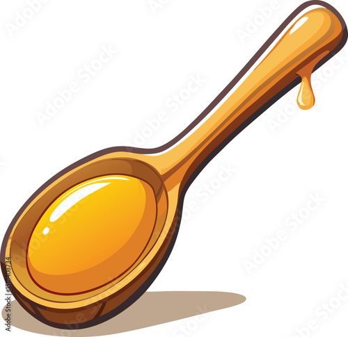 Cartoon Wooden Spoon Filled with Honey with a Dripping Drop