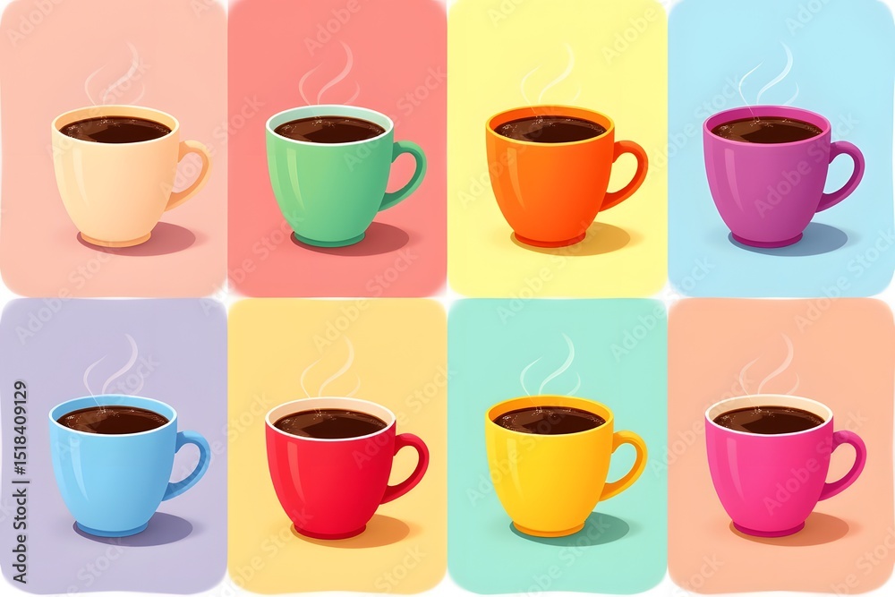 Obraz premium Colorful Coffee Collection: A vibrant selection of mugs, each filled with rich, steaming coffee, offering a delightful array of colors to brighten your day and awaken your senses. 