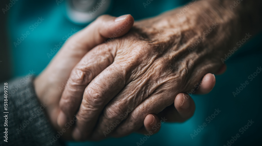 Fototapeta premium Close-up of two hands clasped together, one young, one elderly, showing textured skin, conveying care, support, and the passage of time