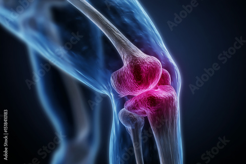 Close-up of human knee joint, highlighting inflamed area in pink, against a dark blue background, illustrating pain or injury