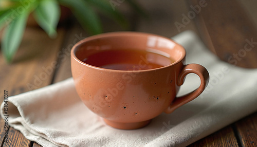 Rustic ceramic tea cup filled with tea on cloth napkin and green plant in background